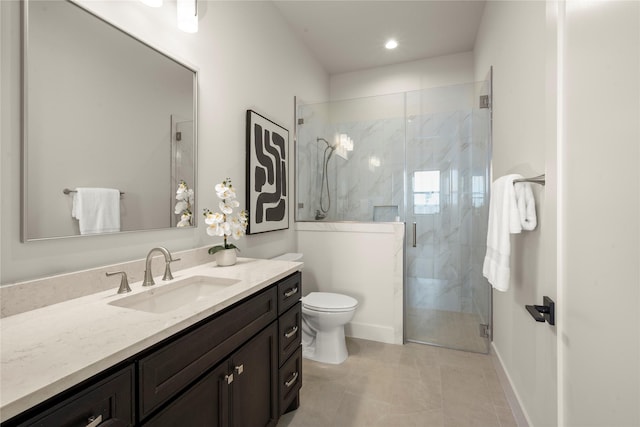 6727 Pine Haven Ct, Katy, TX 77493 - full bath with vanity, a marble finish shower, toilet, recessed lighting, and tile patterned floors