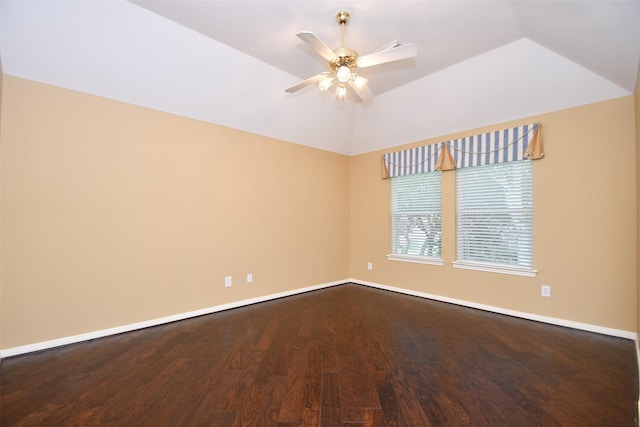 1623 Heddon Falls Dr, Sugar Land, TX 77479 - empty room with a ceiling fan, wood finished floors, baseboards, and vaulted ceiling