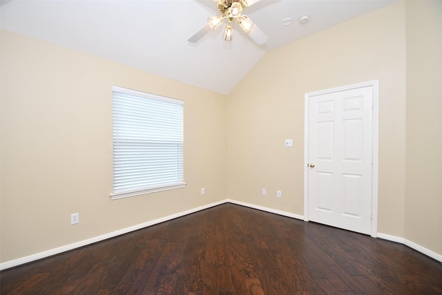 1623 Heddon Falls Dr, Sugar Land, TX 77479 - spare room featuring a ceiling fan, vaulted ceiling, wood finished floors, baseboards, and a smoke detector