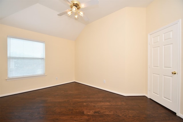 1623 Heddon Falls Dr, Sugar Land, TX 77479 - bonus room with a ceiling fan, lofted ceiling, dark wood-type flooring, and baseboards