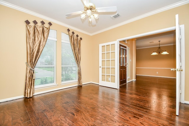 1623 Heddon Falls Dr, Sugar Land, TX 77479 - unfurnished room with a chandelier, french doors, wood-type flooring, ceiling fan, and crown molding