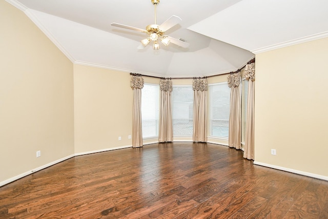 1623 Heddon Falls Dr, Sugar Land, TX 77479 - empty room featuring a ceiling fan, dark wood-type flooring, ornamental molding, baseboards, and lofted ceiling