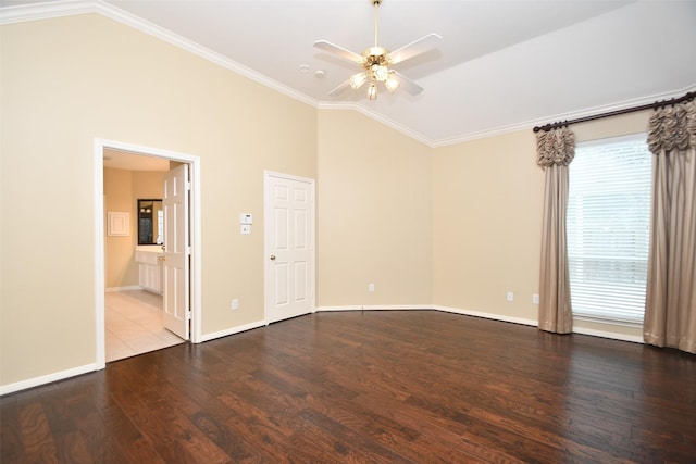 1623 Heddon Falls Dr, Sugar Land, TX 77479 - empty room featuring ceiling fan, lofted ceiling, wood finished floors, baseboards, and crown molding