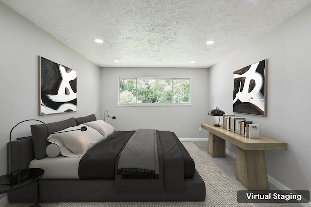 10007 Sagedowne Ln, Houston, TX 77089 - bedroom with a textured ceiling, recessed lighting, baseboards, and light colored carpet