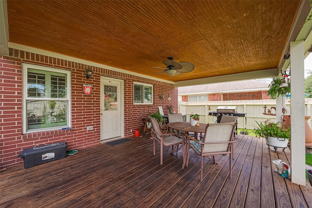 4223 Warwick Dr, Pasadena, TX 77504 - wooden terrace featuring a ceiling fan, outdoor dining area, and grilling area
