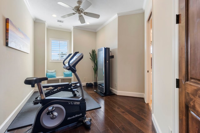 13 Pleasant Shadows Dr, Spring, TX 77389 - exercise area with baseboards, dark wood-type flooring, a ceiling fan, ornamental molding, and recessed lighting