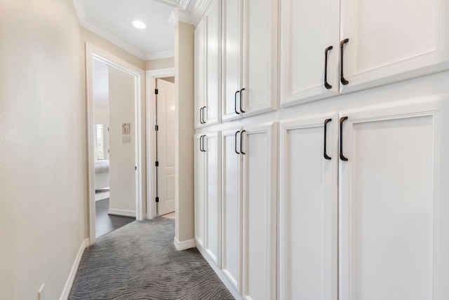 13 Pleasant Shadows Dr, Spring, TX 77389 - hall featuring dark carpet, ornamental molding, baseboards, and recessed lighting