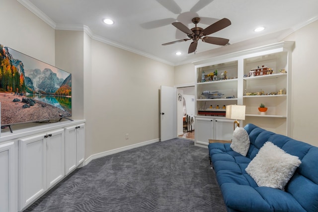 13 Pleasant Shadows Dr, Spring, TX 77389 - living area with a ceiling fan, ornamental molding, dark colored carpet, recessed lighting, and baseboards