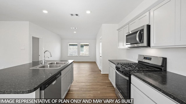 1354 Heather Rosewood Ln, Conroe, TX 77301 - kitchen featuring appliances with stainless steel finishes, a sink, wood finished floors, recessed lighting, and baseboards