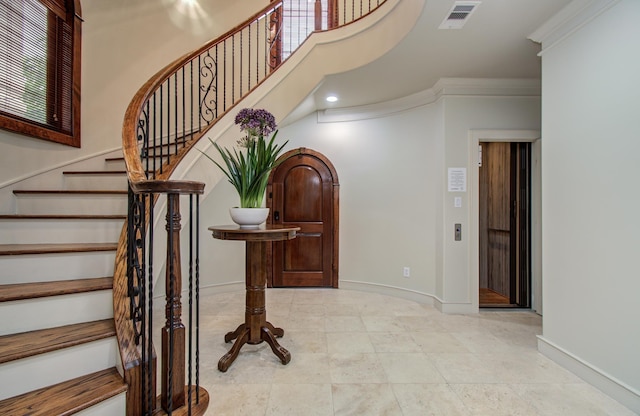 4310 Feagan St Unit A, Houston, TX 77007 - stairway with ornamental molding, baseboards, and recessed lighting