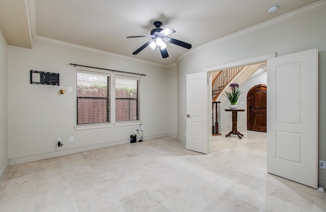 4310 Feagan St Unit A, Houston, TX 77007 - empty room featuring a ceiling fan, crown molding, a smoke detector, stairway, and baseboards