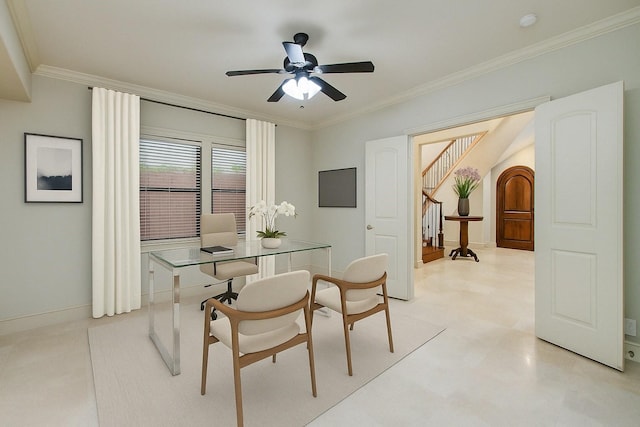 4310 Feagan St Unit A, Houston, TX 77007 - dining area with ornamental molding, a ceiling fan, baseboards, light flooring, and stairway