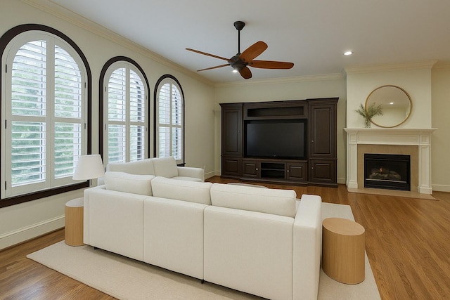 4310 Feagan St Unit A, Houston, TX 77007 - living room with a ceiling fan, wood finished floors, plenty of natural light, ornamental molding, and recessed lighting