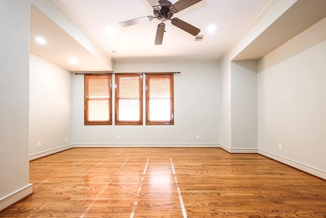 4310 Feagan St Unit A, Houston, TX 77007 - empty room featuring ornamental molding, ceiling fan, light wood-style floors, baseboards, and recessed lighting