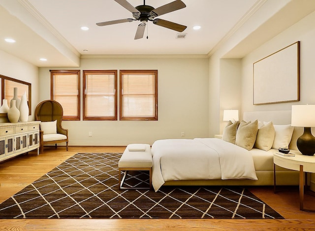 4310 Feagan St Unit A, Houston, TX 77007 - bedroom with crown molding, wood finished floors, recessed lighting, baseboards, and ceiling fan