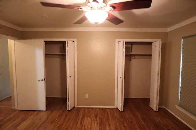 6416 Dawnridge Dr, Houston, TX 77035 - unfurnished bedroom featuring multiple closets, wood finished floors, and ceiling fan