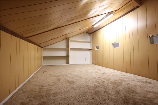 6416 Dawnridge Dr, Houston, TX 77035 - additional living space with lofted ceiling, carpet, wooden walls, and built in shelves