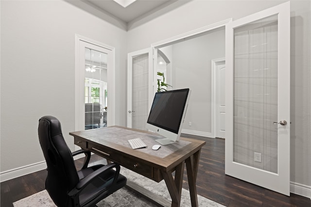 127 Evening Tide Ct, Conroe, TX 77318 - home office with french doors, dark wood-style flooring, and baseboards