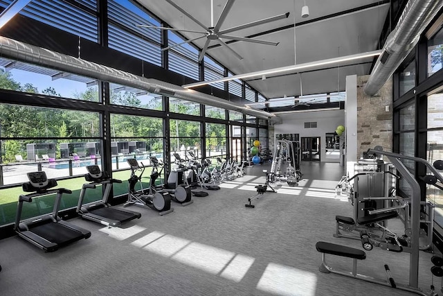 127 Evening Tide Ct, Conroe, TX 77318 - exercise room featuring a high ceiling, plenty of natural light, ceiling fan, and expansive windows