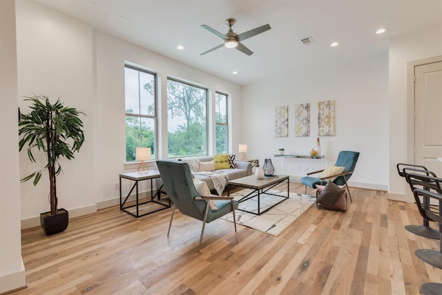 1414 Wichman St, Houston, TX 77007 - living room featuring light wood finished floors, ceiling fan, recessed lighting, and baseboards