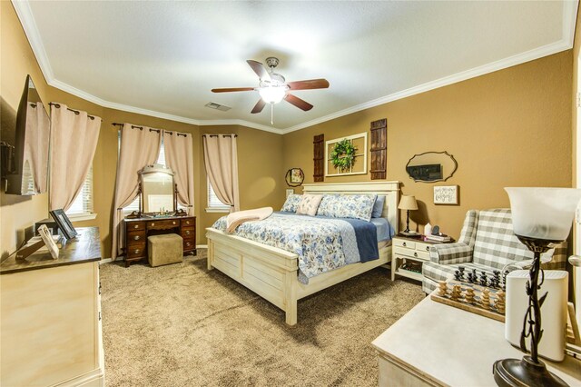2714 San Marco Ln, League City, TX 77573 - carpeted bedroom with ornamental molding and a ceiling fan