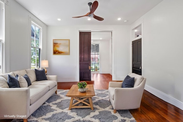 1416 Rosenberg St, Galveston, TX 77550 - living area with wood finished floors, baseboards, a ceiling fan, and recessed lighting