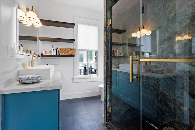 1416 Rosenberg St, Galveston, TX 77550 - full bath featuring vanity, a chandelier, toilet, a stall shower, and baseboards