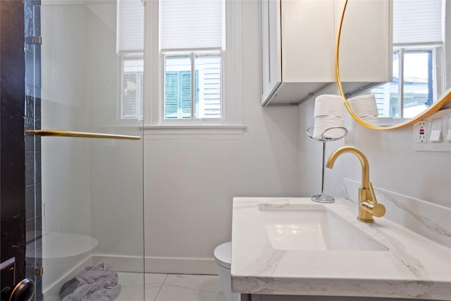 1416 Rosenberg St, Galveston, TX 77550 - bathroom with toilet, an enclosed shower, vanity, and baseboards