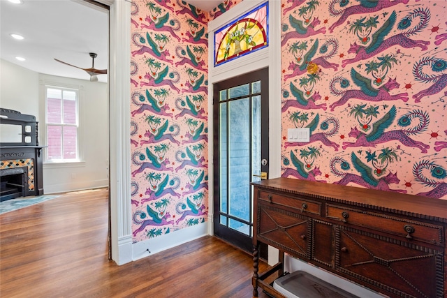 1416 Rosenberg St, Galveston, TX 77550 - entryway with wood finished floors, baseboards, recessed lighting, a ceiling fan, and a premium fireplace