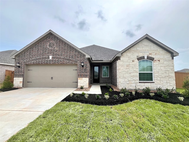 14008 Starboard Reach Dr, Texas City, TX 77510 - french country style house featuring a garage, stone siding, brick siding, driveway, and a front lawn