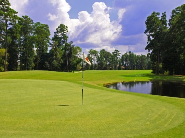 21742 Grayson Highlands Way, Porter Heights, TX 77365 - view of home's community with a water view, view of golf course, a lawn, view of scattered trees, and an area to practice putting