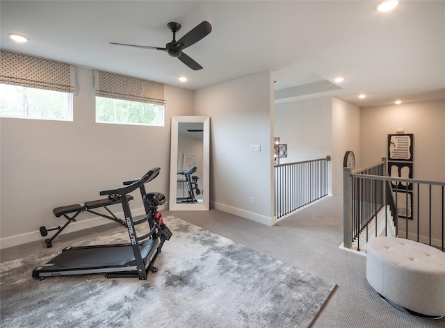 21742 Grayson Highlands Way, Porter Heights, TX 77365 - exercise room featuring recessed lighting, carpet floors, baseboards, and a ceiling fan