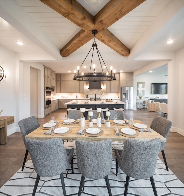 21742 Grayson Highlands Way, Porter Heights, TX 77365 - dining area with beam ceiling, baseboards, recessed lighting, light wood-style flooring, and a chandelier