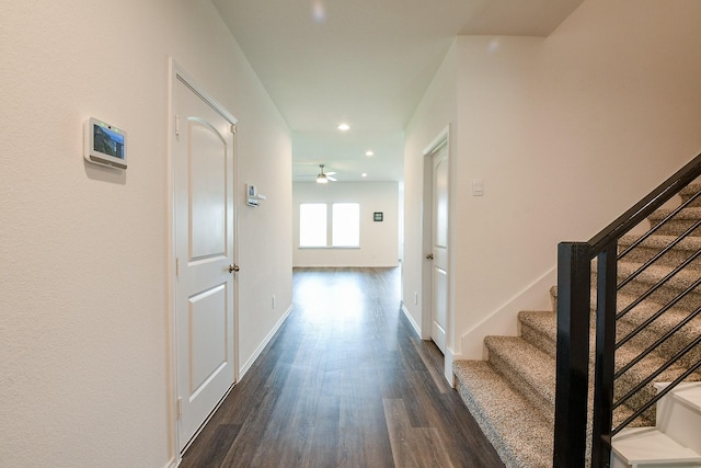 12324 Carib Crossing Ln, Conroe, TX 77304 - hall with dark wood finished floors, stairs, recessed lighting, and baseboards