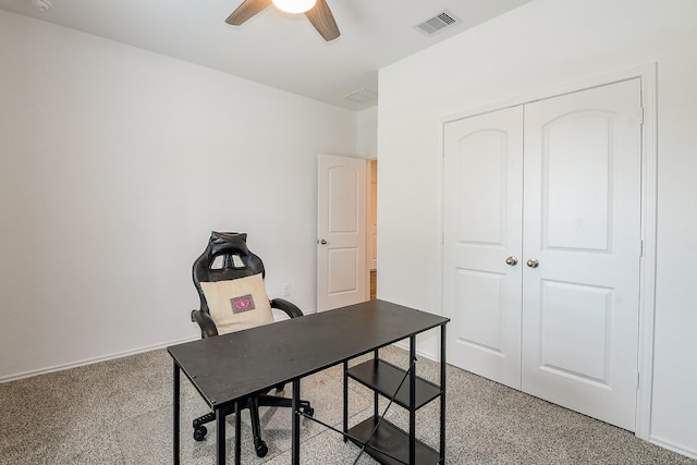 12324 Carib Crossing Ln, Conroe, TX 77304 - office area featuring a ceiling fan and light carpet