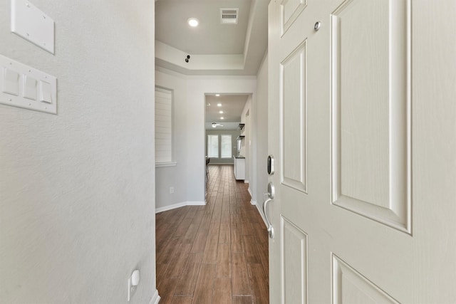 4430 Lone Alcove Dr, Spring, TX 77386 - corridor with dark wood-style floors, baseboards, recessed lighting, and a raised ceiling