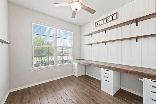 4430 Lone Alcove Dr, Spring, TX 77386 - unfurnished office featuring dark wood-type flooring, built in desk, baseboards, and ceiling fan