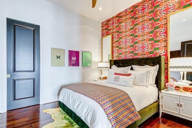 2221 Welch St Unit 601, Houston, TX 77019 - bedroom with wood-type flooring, baseboards, wallpapered walls, and recessed lighting