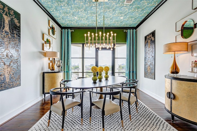 2221 Welch St Unit 601, Houston, TX 77019 - dining space featuring ornamental molding, dark wood finished floors, baseboards, and a chandelier