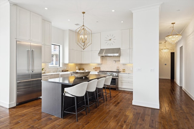 2221 Welch St Unit 601, Houston, TX 77019 - kitchen with high quality appliances, wall chimney range hood, a chandelier, white cabinets, and backsplash