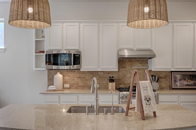 18219 Holts Landing Dr, Cypress, TX 77433 - kitchen featuring stainless steel microwave, range hood, tasteful backsplash, and white cabinets