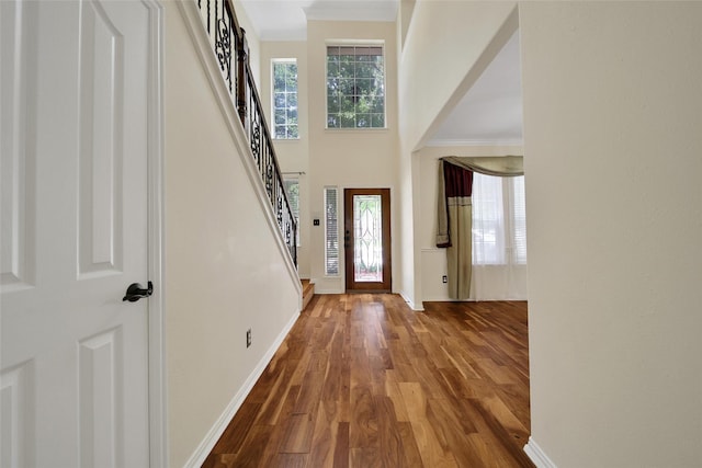 3006 Nickleby Ct, Katy, TX 77494 - foyer with ornamental molding, baseboards, wood finished floors, and stairway