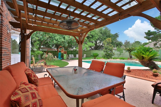 3006 Nickleby Ct, Katy, TX 77494 - fenced backyard with a patio area, outdoor dining area, an outdoor hangout area, and a pergola