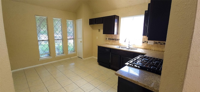 1538 Ridgebriar Dr, Houston, TX 77014 - kitchen featuring black dishwasher, dark cabinets, decorative backsplash, light tile patterned floors, and a textured wall