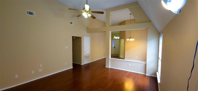 1538 Ridgebriar Dr, Houston, TX 77014 - unfurnished room with wood finished floors, ceiling fan, a chandelier, and high vaulted ceiling