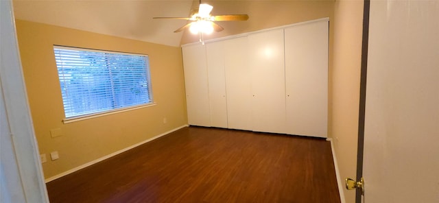 1538 Ridgebriar Dr, Houston, TX 77014 - unfurnished bedroom with wood finished floors, vaulted ceiling, a closet, and ceiling fan