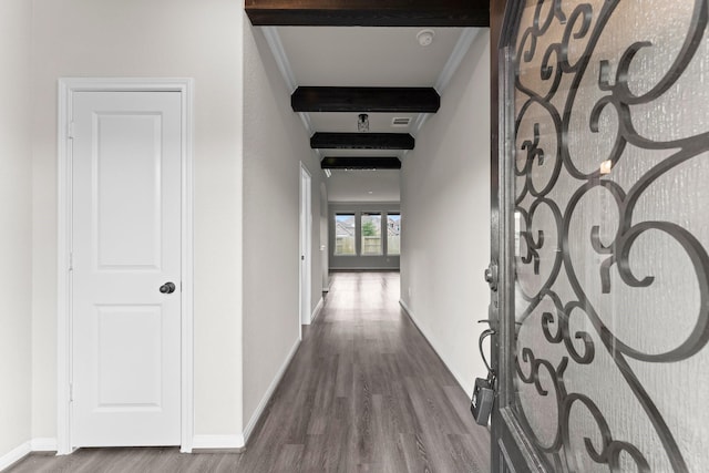 15739 Cairnwell Bend Dr, Humble, TX 77346 - hall featuring dark wood-style floors, crown molding, beam ceiling, and baseboards