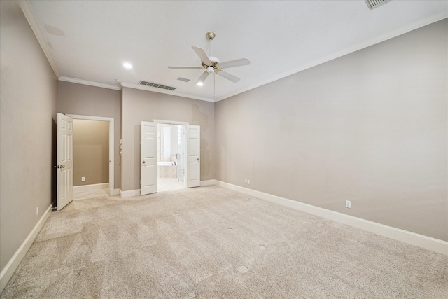1615 Lake Wilderness Ln, Kingwood, TX 77345 - unfurnished bedroom with ornamental molding, light carpet, baseboards, recessed lighting, and ensuite bathroom
