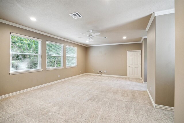 1615 Lake Wilderness Ln, Kingwood, TX 77345 - empty room with ornamental molding, a ceiling fan, light carpet, baseboards, and recessed lighting