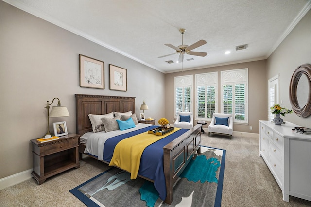 1615 Lake Wilderness Ln, Kingwood, TX 77345 - bedroom featuring crown molding, light colored carpet, baseboards, a ceiling fan, and recessed lighting